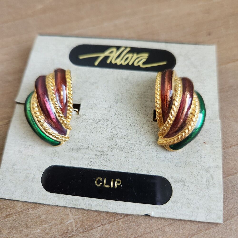 Retro Clip Earrings - Allora - Red, Green, and Gold Design